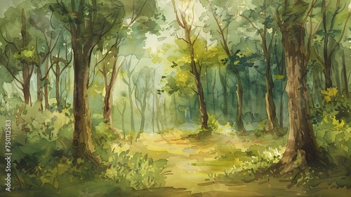a painting of a forest with trees