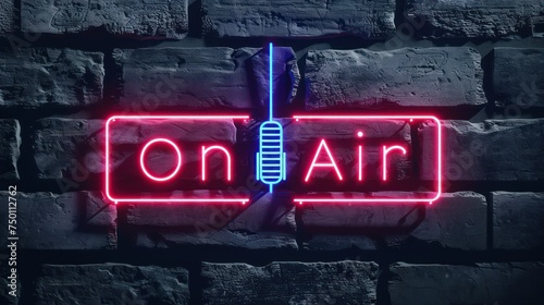 A vibrant neon sign that reads On Air with a microphone symbol in the middle, affixed to a brick wall background in a dim setting photo
