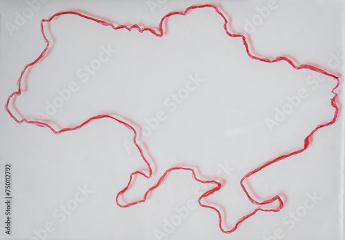 Ukrainian Map. Outline Map on the Glass Surface. Red Line. Shadows. Copy Space. 