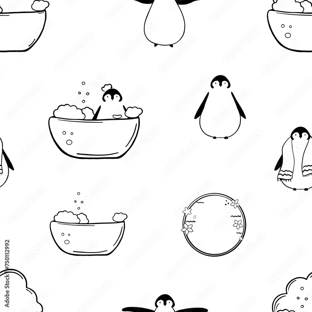 Funny penguin taking bath seamless pattern. Taking bath doodle Funny penguin taking bath seamless pattern. Taking bath doodle
