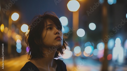 a woman standing on a street at night