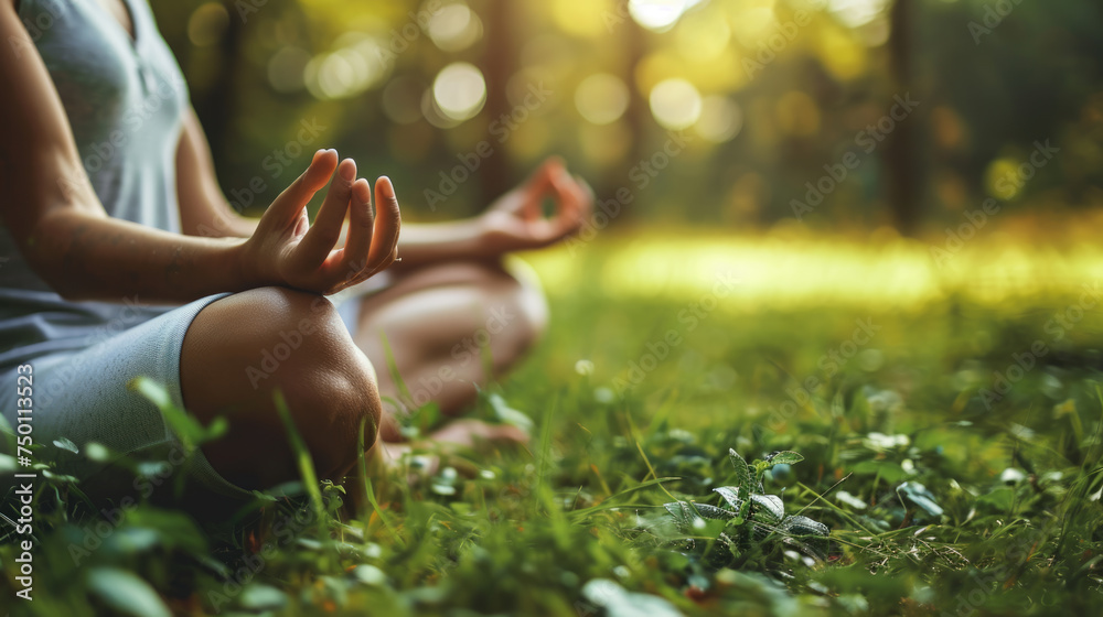Close-up of a person sitting cross-legged on the grass in a meditative pose, surrounded by a serene, sunlit green forest environment. - obrazy, fototapety, plakaty 