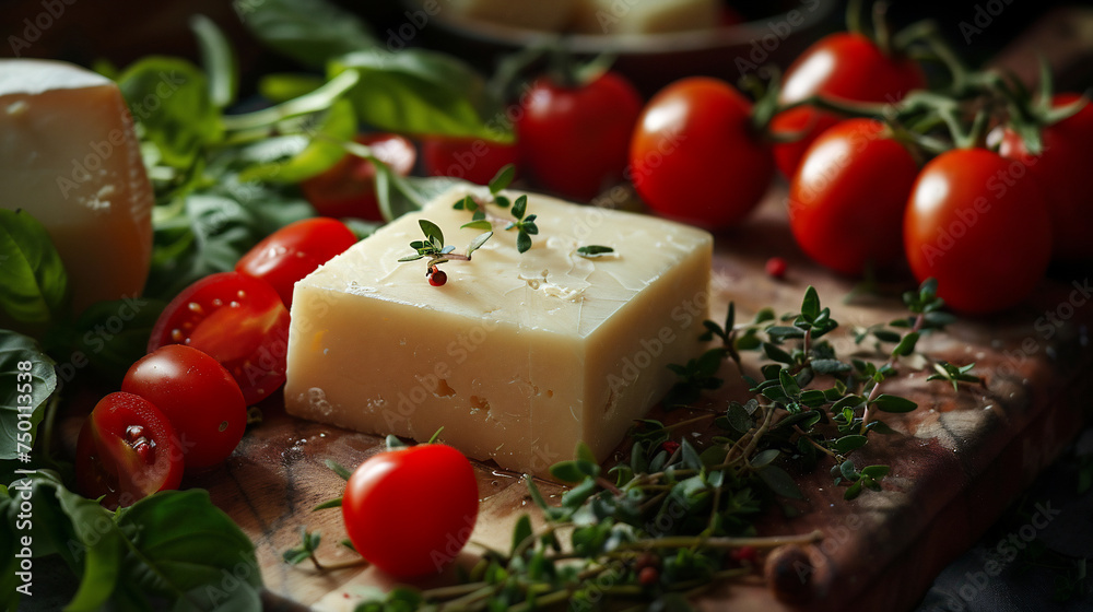 Rural Morning Feast: Suluguni Cheese with Garden Tomatoes and Herbs