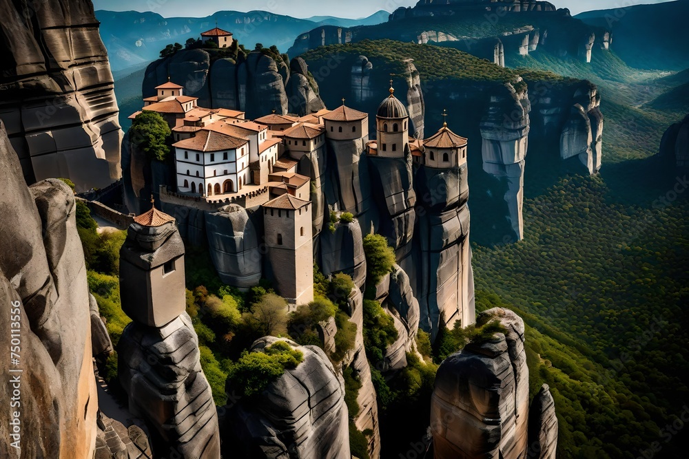 house on the mountains, Embark on a journey to the mystical monasteries suspended over the ancient rocks of Meteora, Greece - obrazy, fototapety, plakaty 