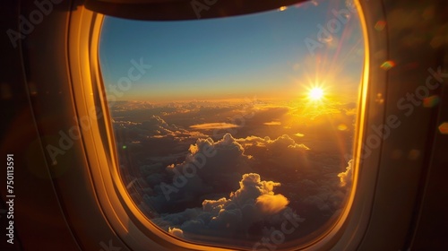A captivating sunset seen through the aircraft window. Image saved with the window of the airplane as the file path