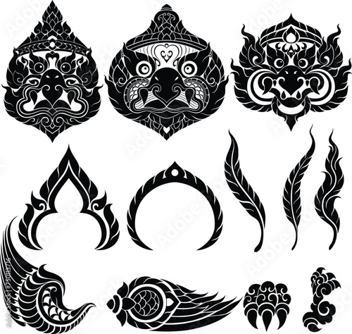 Thai Art Motif with Garuda Heads and Other Artistic Features Elements in Silhouette style