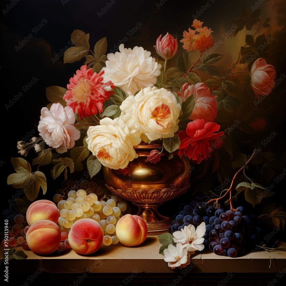 Colorful garden flowers bouquet in vintage vase and fruits. Oil painting illustration in Dutch still life masterpieces style.