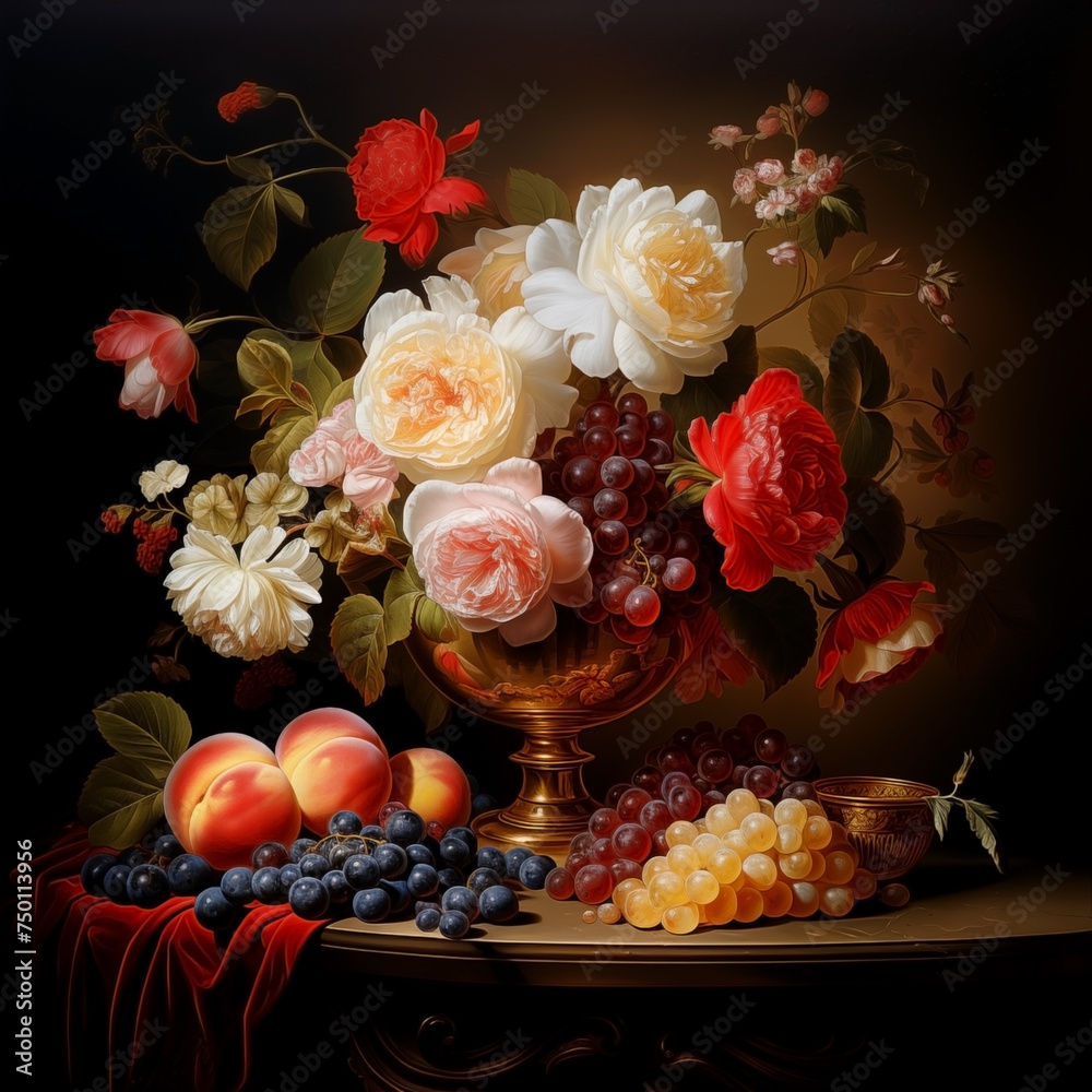 Colorful garden flowers bouquet in vintage vase and fruits. Oil painting illustration in Dutch still life masterpieces style.