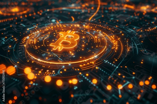 Glowing Bitcoin Symbol Surrounded by Financial Charts and Graphs in a Dark Futuristic Setting  Evoking a Sense of Mystery and Digital Chaos Concept