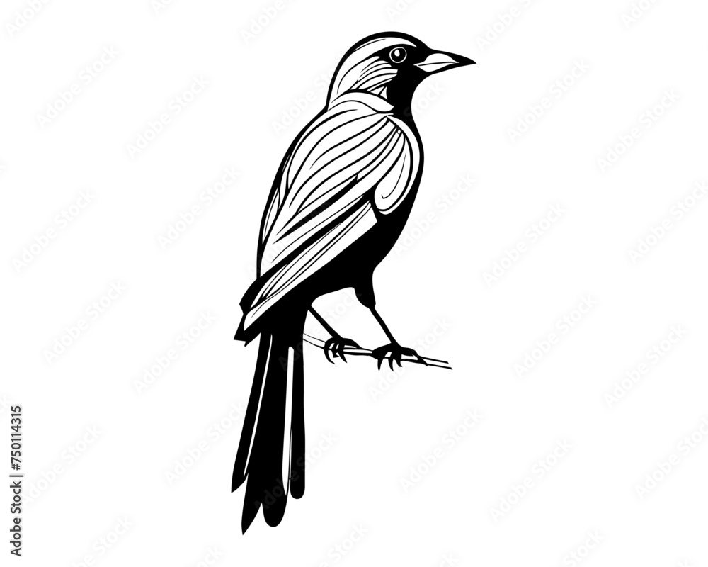 Fototapeta premium small flying bird on a branch line art, majestic fauna silhouette graphic for embroidered patch and emblem design.
