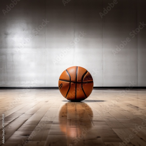 Basketball on Hardwood Court Floor 