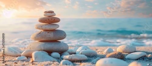 Stone tower Pebbles on the beach symbolize the balance of zen harmony. generative AI image photo