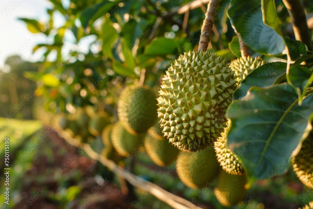 Durian fruit hanging from trees in orchard. A cluster of spiky durian fruits dominates the foreground, with a lush tropical farm landscape and mountains in the soft-focus background. Durian fruit hanging from trees in orchard. A cluster of spiky durian fruits dominates the foreground, with a lush tropical farm landscape and mountains in the soft-focus background.