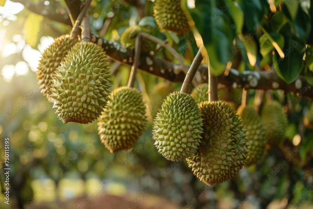 Durian fruit hanging from trees in orchard. A cluster of spiky durian fruits dominates the foreground, with a lush tropical farm landscape and mountains in the soft-focus background. Durian fruit hanging from trees in orchard. A cluster of spiky durian fruits dominates the foreground, with a lush tropical farm landscape and mountains in the soft-focus background.