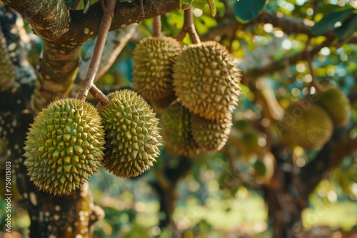 Durian fruit hanging from trees in orchard. A cluster of spiky durian fruits dominates the foreground, with a lush tropical farm landscape and mountains in the soft-focus background.