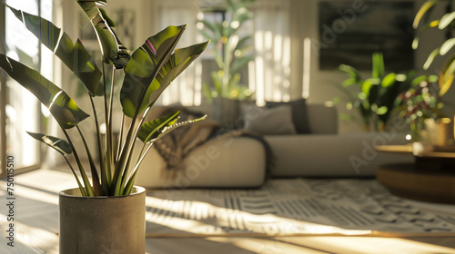 Heliconia Plant Strelitzia in a Stylish Pot Basking in Warm Natural Light Indoors.