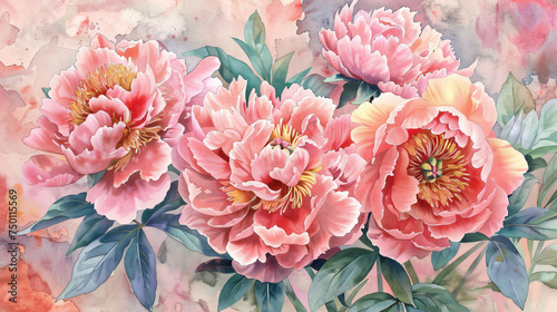 Pink peonies. Watercolor wall art, printable floral poster