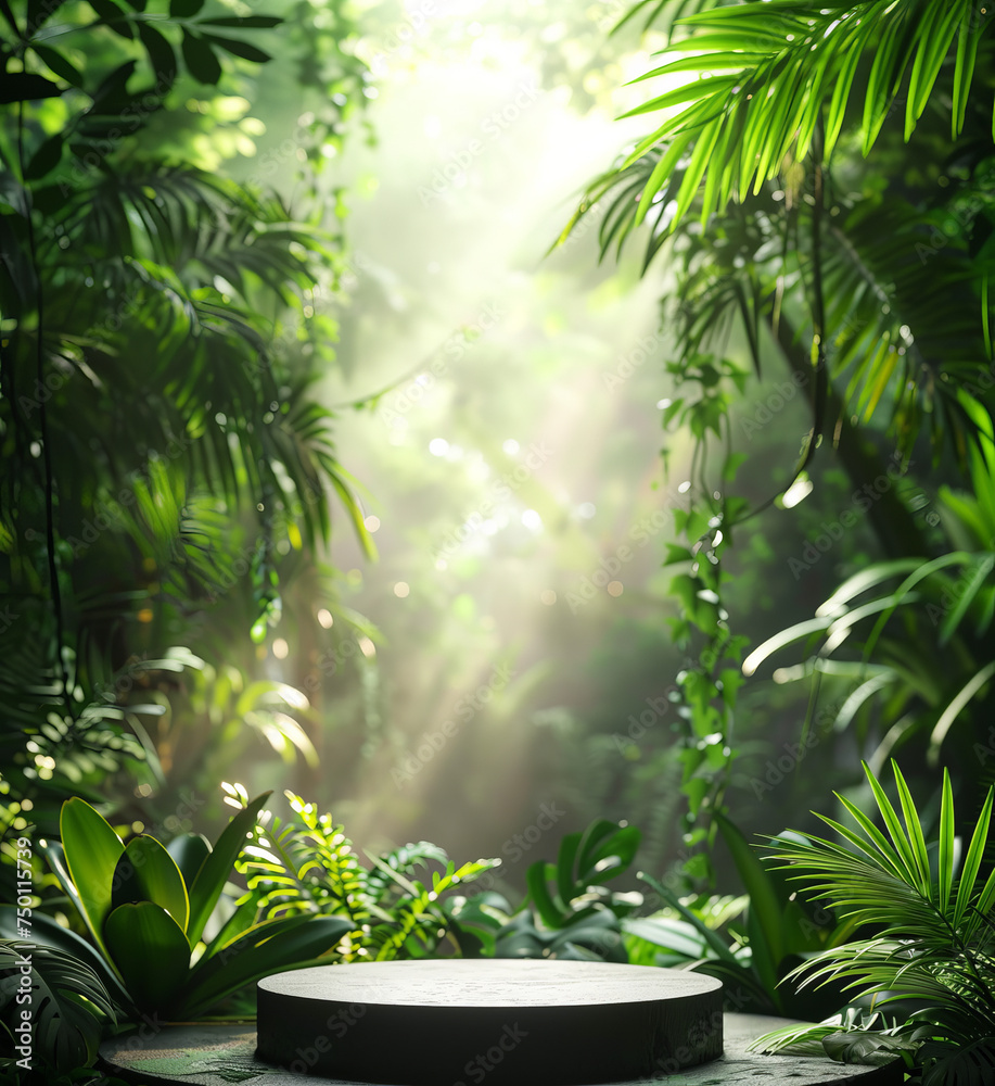 Fototapeta premium Podium pedestal in tropical forest garden green plants, Mock up