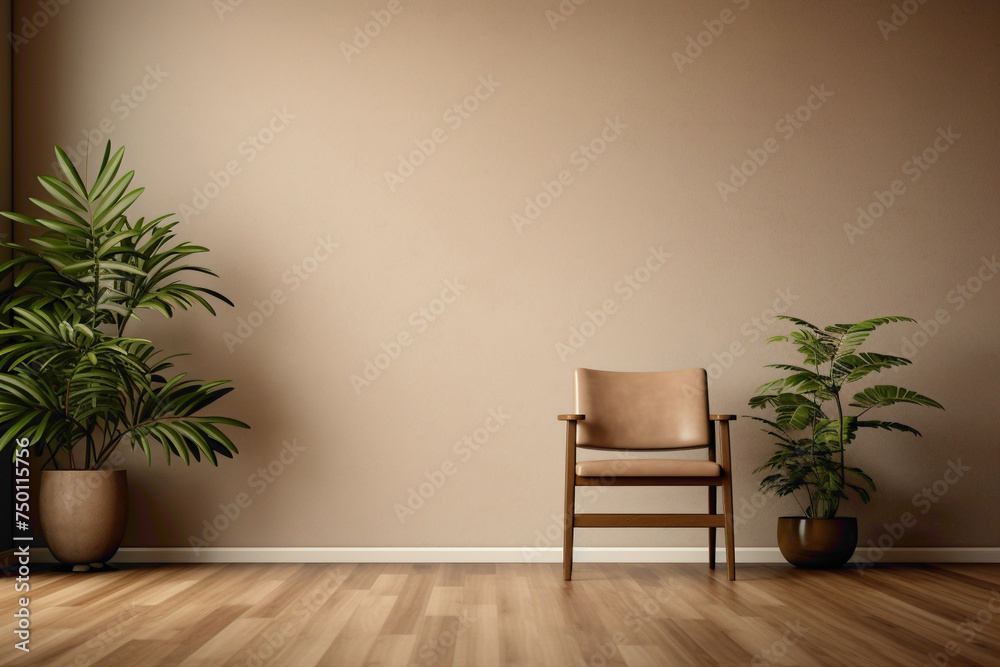 Amidst the calm of a beige living room, a solitary wooden chair stands beside a lush plant and an empty frame ready for your thoughts.