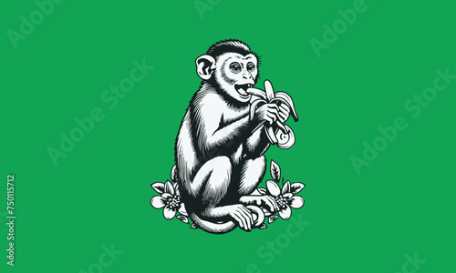 Monkey with banana leaves logo design 