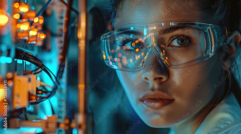 Young female scientist concentrating on innovative robotic technology in a high-tech laboratory.