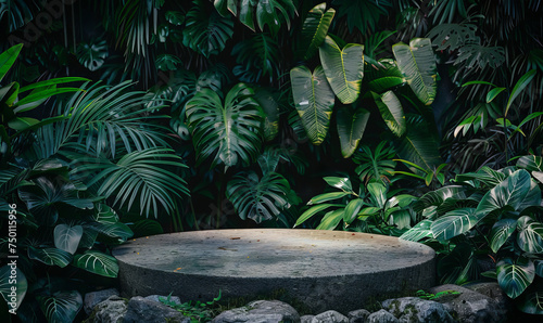 Podium pedestal in tropical forest garden green plants, Mock up © CamiloA