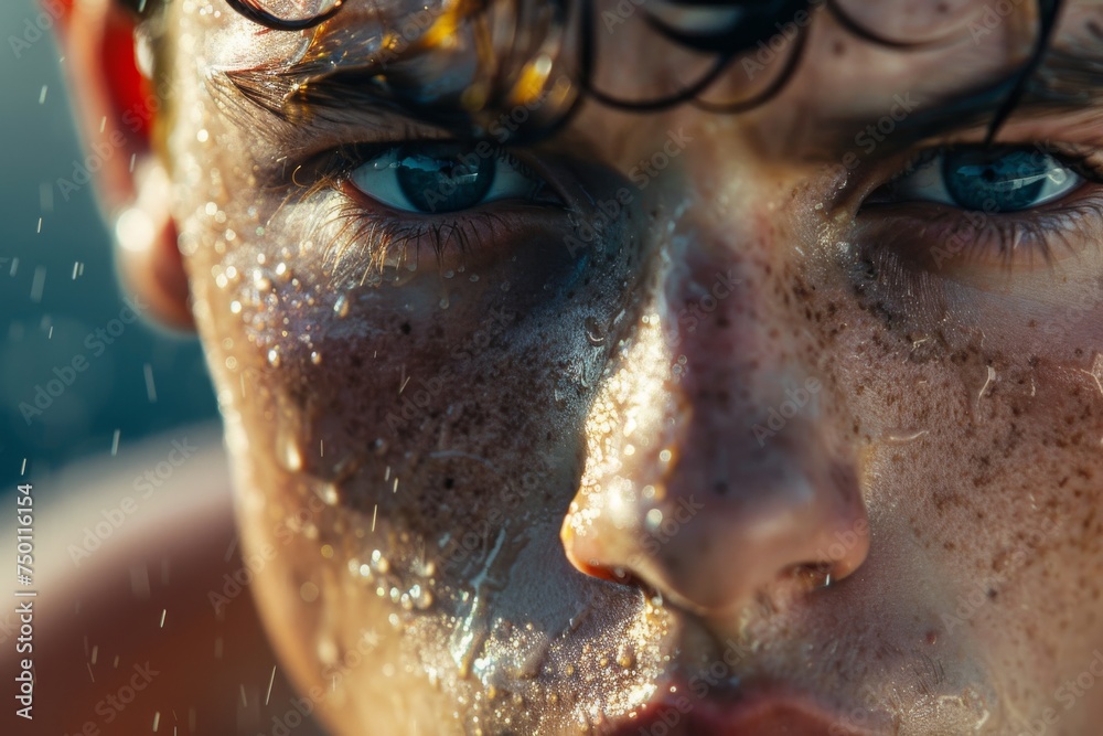 Focused Athlete Crossing the Finish Line with Beads of Sweat on Their Face, Capturing the Thrilling Concept of Achievement and Triumph in Sports