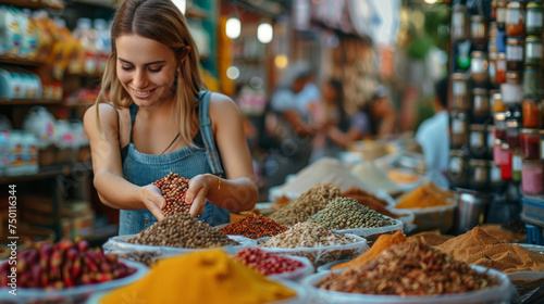 una donna locale che acquista spezie fresche e colorate da un commerciante al mercato mediorientale  photo