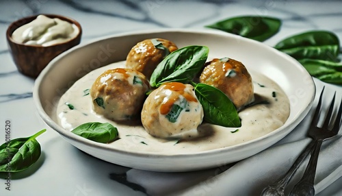 chicken and vegetables meatballs with cream sauce and spinach leaves; healthy food; closeup