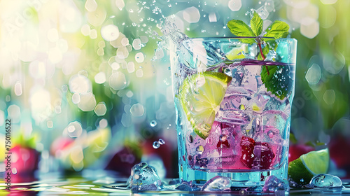 Glass of water with ice and bubbles on colorful bokeh background,Splash of cool fresh water with ice cube in the transparent glass cup in the table outoors in summer day,Cocktail with orange and ice

 photo