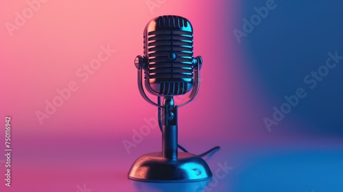 A vintage style microphone lit by blue and pink neon lights, creating a vibrant and moody atmosphere