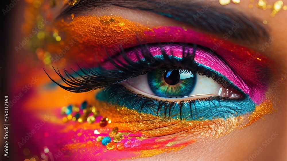 A captivating close-up reveals a female eye adorned with bright multicolored makeup, inspired by the Holi Indian color festival, in a studio macro shot.