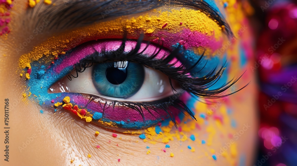 A captivating close-up reveals a female eye adorned with bright multicolored makeup, inspired by the Holi Indian color festival, in a studio macro shot.