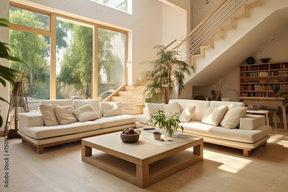 Living room with beige stairs, soft sofas, and a polished wood table bathed in natural light from the large windows.