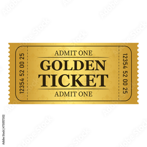 Vector golden ticket template. Admit one. Vector illustration.