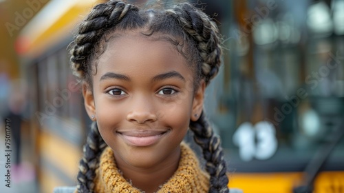 Back to School Concept: African American Girl on Bus Generative AI © Alex