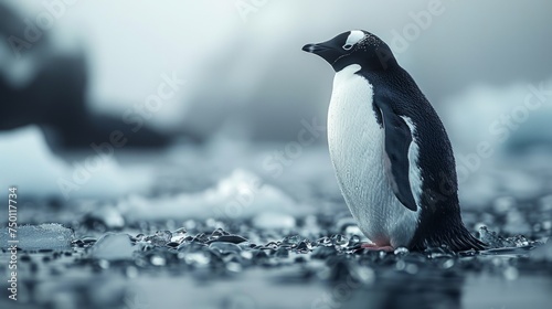 Melting Ice Floe  Lone Penguin Concept - Climate Change Generative AI