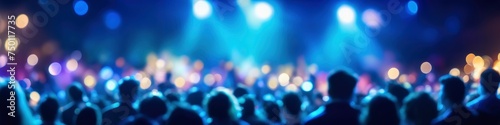 Abstract colorful illustration audience at concert, blurred bokeh background for social media banner, website and for your design, space for text.
