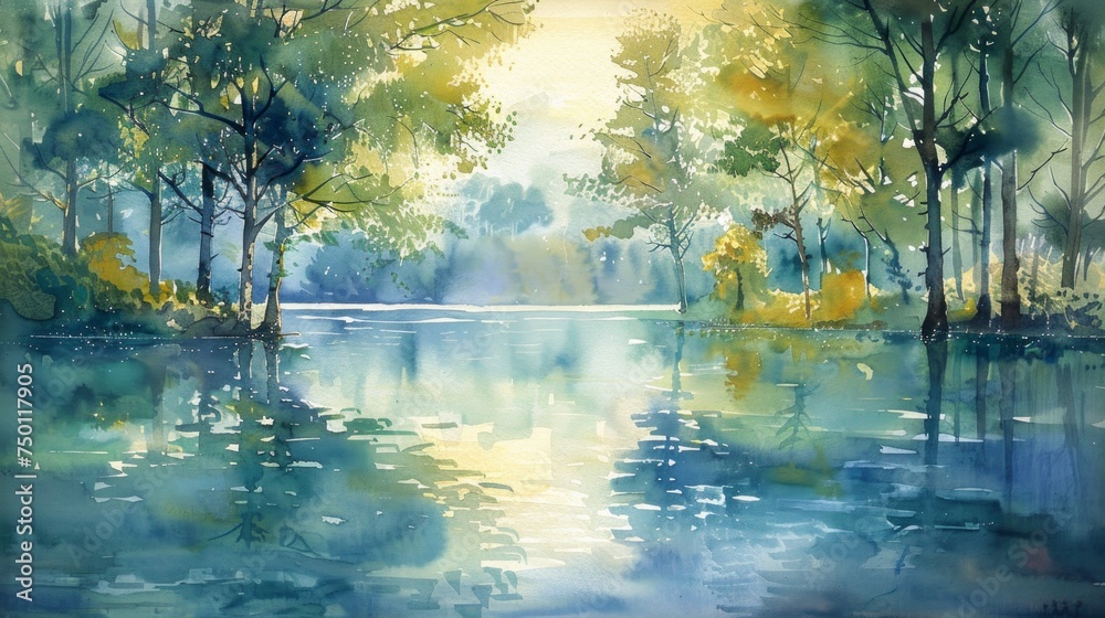 Watercolor Painting of Tranquil Tree-lined River Generative AI