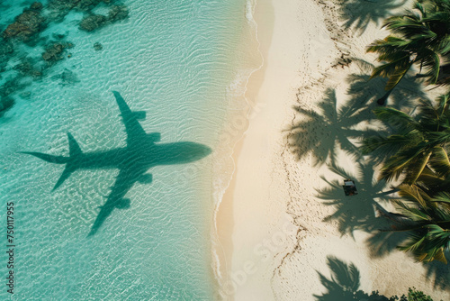 Adventure Awaits: Airplane Shadow Over Tropical Beach. The striking contrast between the tranquil beach and the moving plane evokes a sense of travel and exploration