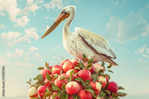 Magnificent pelican surrounded by a cornucopia of ripe apples.

 photo