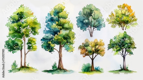 Watercolor Trees Sketch on White Background Traditional Artwork Template Generative AI