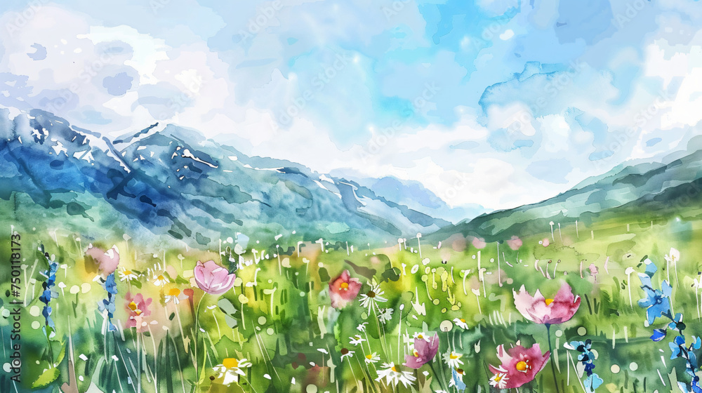 Fototapeta premium Watercolor summer landscape with wildflowers and mountains. Digital watercolor painting. 