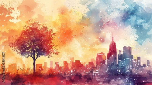 Colorful Cityscape with Watercolor Tree Illustration Generative AI