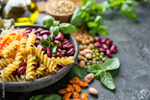 Colorful gluten-free fusilli pasta and assorted beans, perfect for a nutritious diet