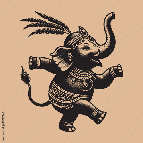 Cute dancing Indian elephant. Wearing jewelry and feathers on his head.  Old vintage engraving illustration. Hand drawn outline graphic. Logo, emblem, icon. Isolated object, cut out. black and white	