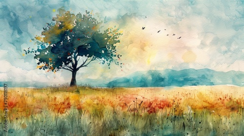 Tranquil Watercolor Landscape with Abstract Tree and Field Generative AI