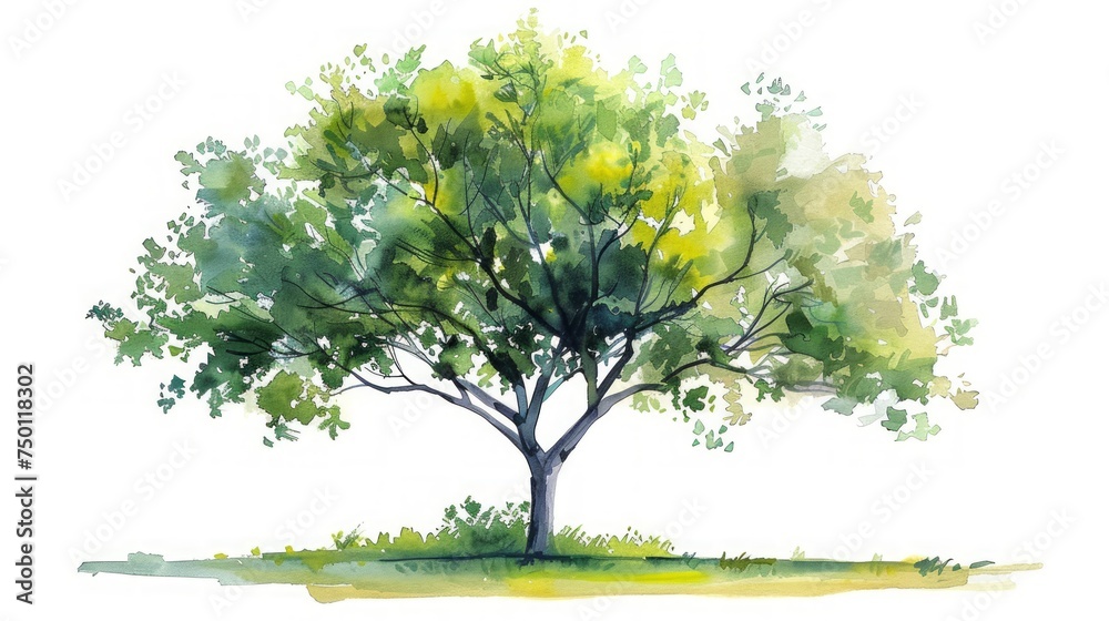 Fototapeta premium Green Tree Watercolor Landscape Design on White Generative AI