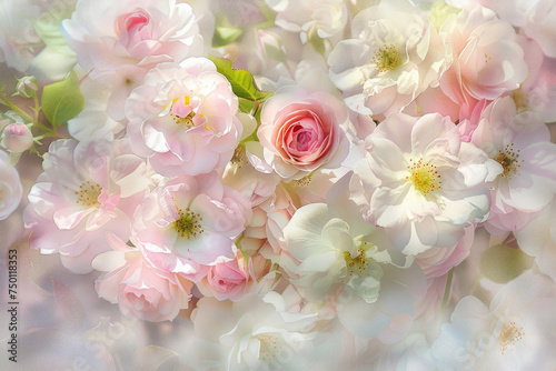 Delicate pastel flowers basking in soft sunlight, radiating serenity and beauty