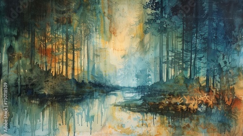 Abstract Watercolor Interpretation of Forest with Layered Hues Generative AI